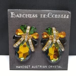 Vintage Austrian Crystal Handset Clip Earrings, New on Card, 1 7/8 Inches